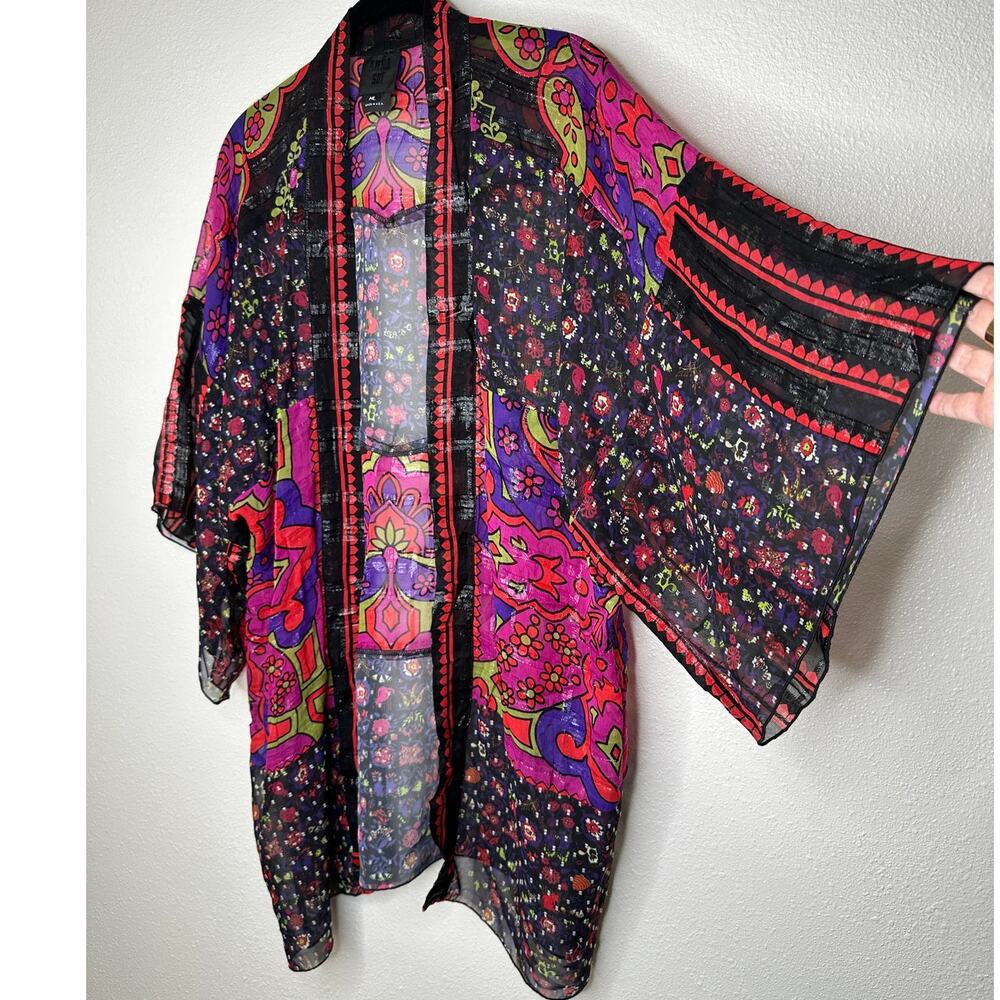 Anna Sui Multicolor Pink Black Purple Sheer Shimmer Floral Paisley Kimono M / L